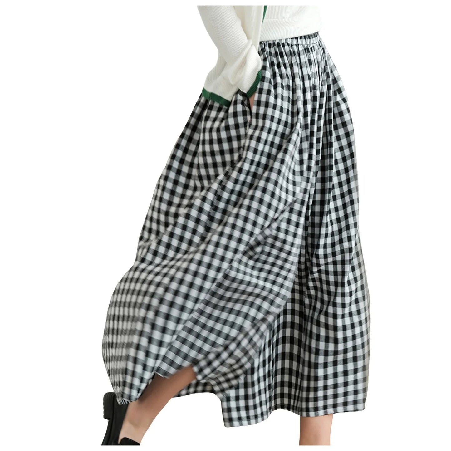 2024 Summer New Culotte Pants High Waist Pleated Slanted Pocket A-Shaped Wide Leg Covering Span Checkered Printing Trousers