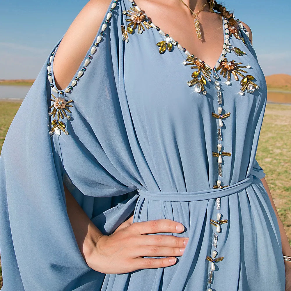 Diamond-Embellished Cold-Shoulder V-Neck Summer Kaftan Abaya – Luxury Evening Party & Eid Gown