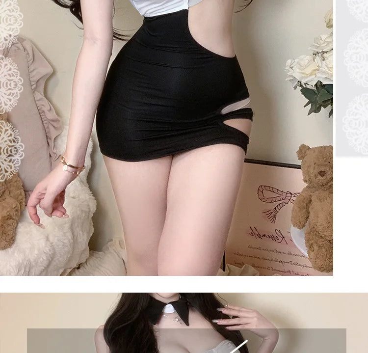 Sexy Strap Hollow Out Chest Secretary Tight Bag Hip Tank Mini Dress Pure Dress Elegant Sweet Korean Women 2025 New HI2D