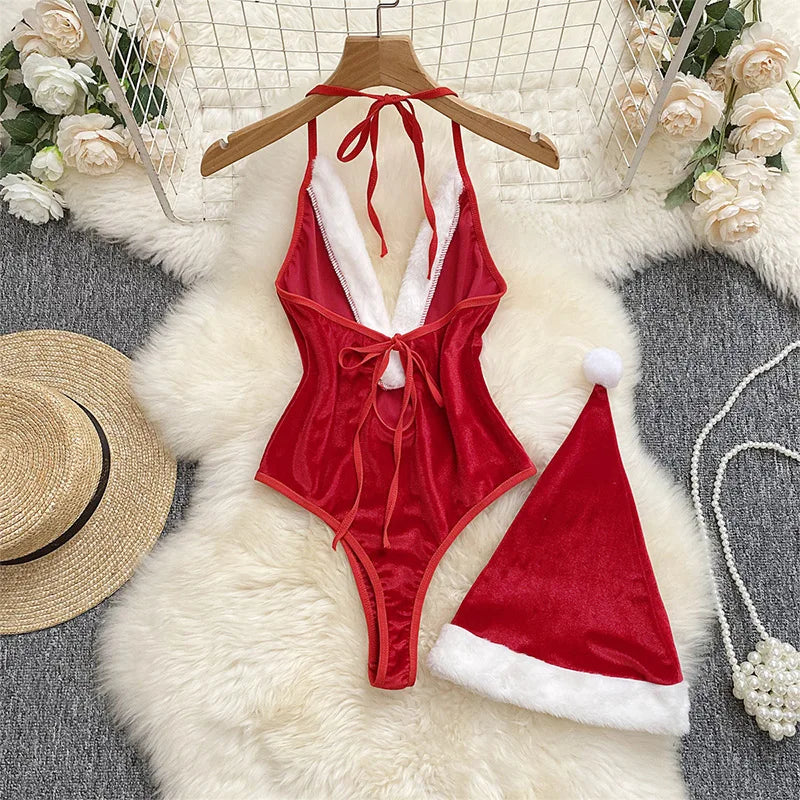 Women's Sexy Christmas Erotic Lingerie Set Furry Erotic Lingerie Set Bodysuit  Hat Sexy Underpants Velvet One-piece Bra Set