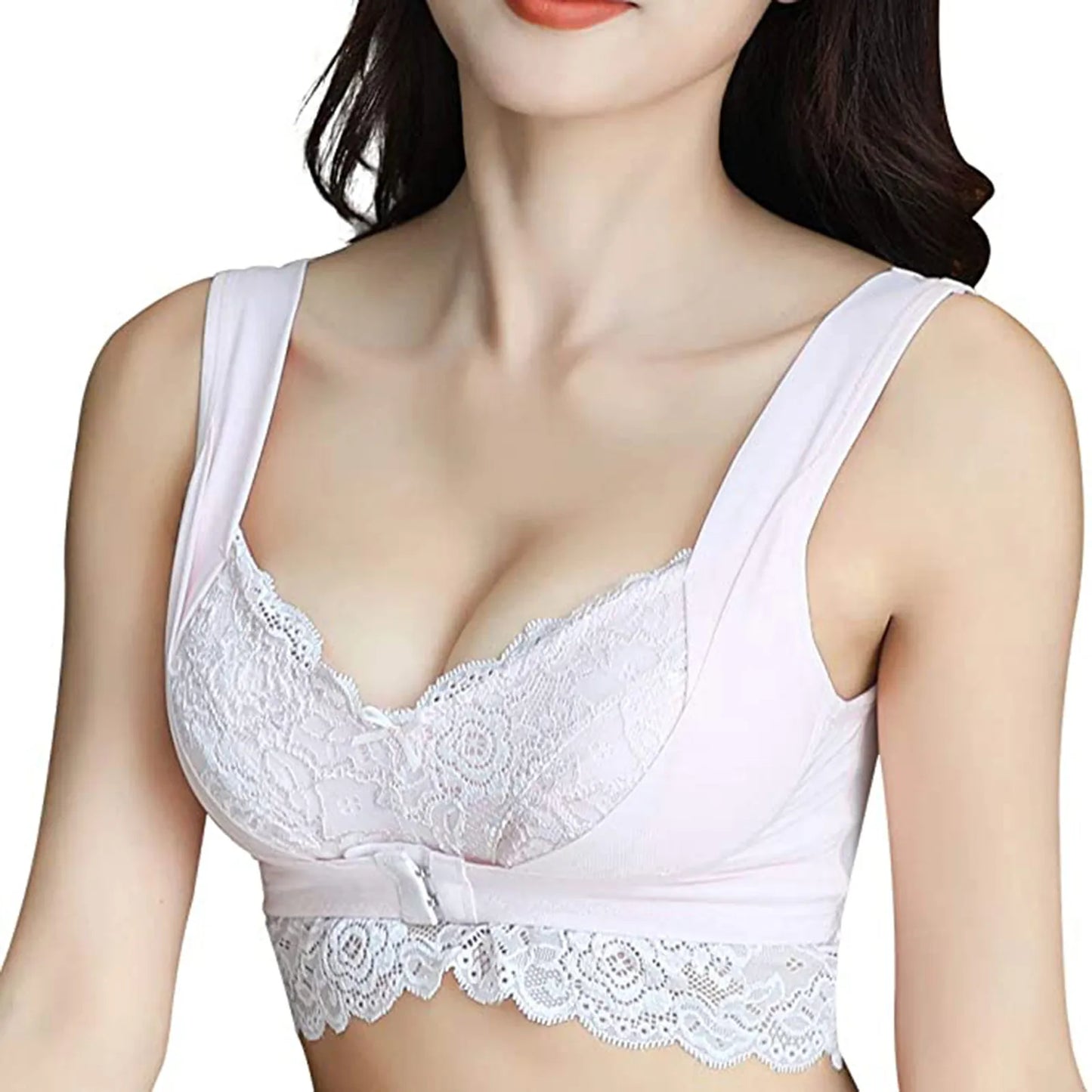 Push Up Vest Bras for Women Posture Corrector Gathered Bra without Steel Ring Front Closure Floral Embroidery Lace Bra Underwear