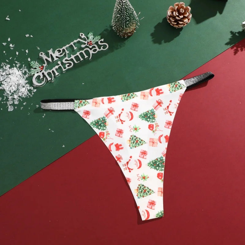 New 4Pcs Christmas Print Underwear Breathable Shiny Belt Thong Women Skin-friendly Fashionable Casual Christmas Gifts