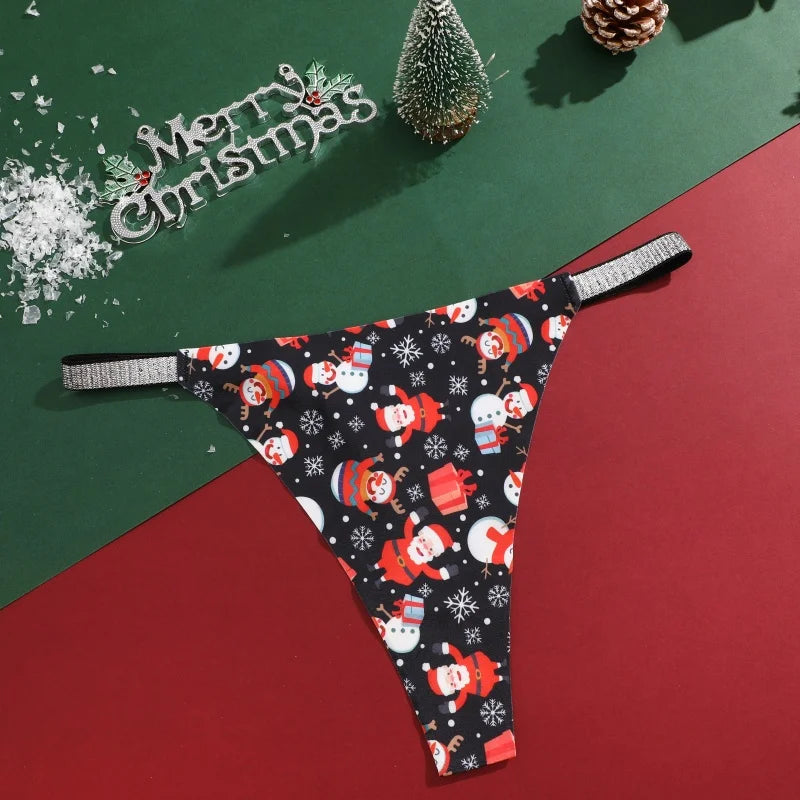 New 4Pcs Christmas Print Underwear Breathable Shiny Belt Thong Women Skin-friendly Fashionable Casual Christmas Gifts