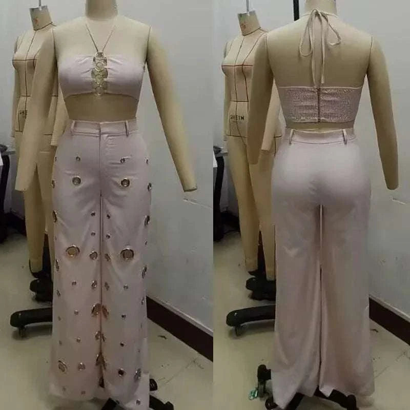 Sexy Night Party 2 Piece Sets Women Outfit Clubwear Festival Clothing Halter Crop Top and Pants Conjuntos Femininos Elegantes