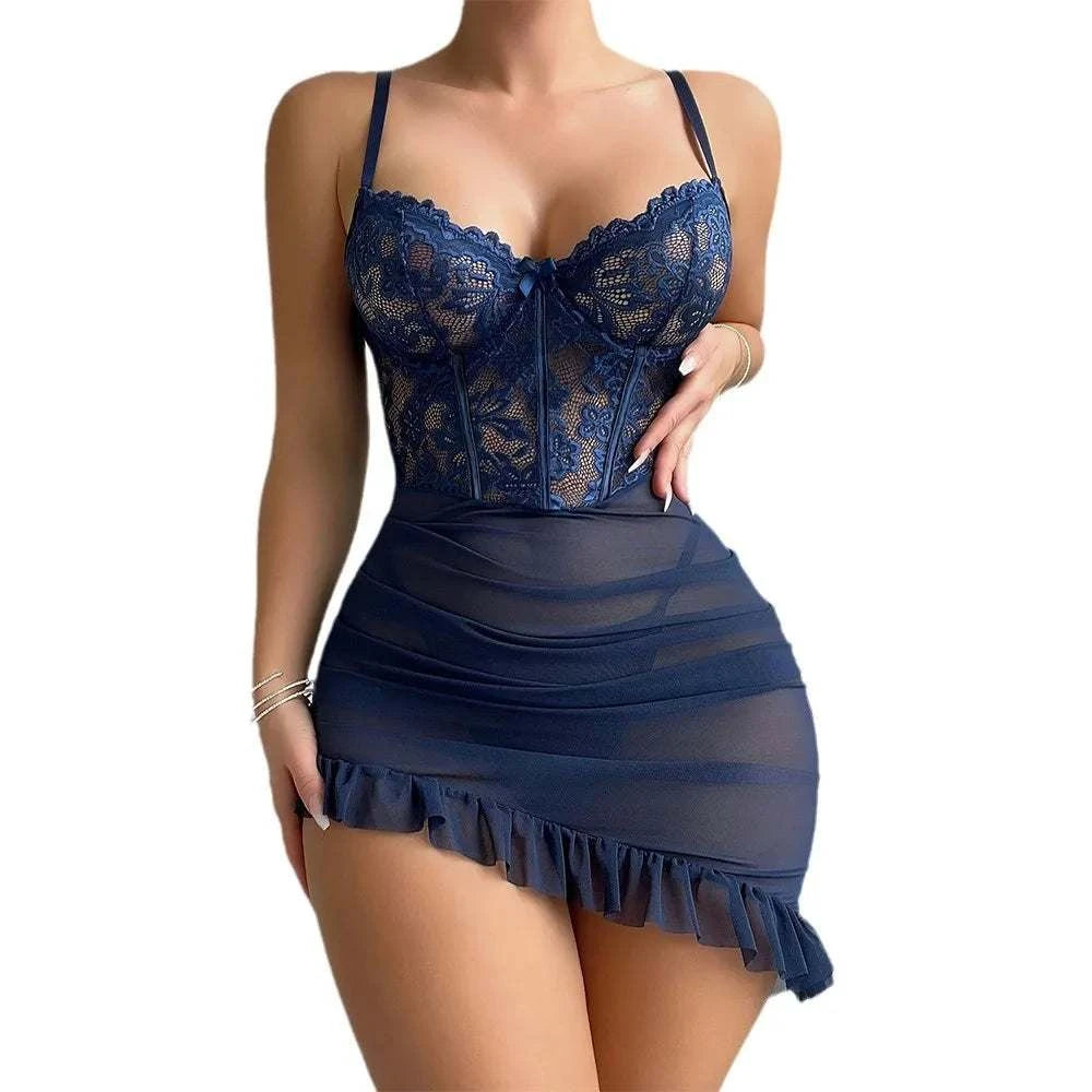 Transparent Underwire Bra Erotic Set Sexy Fairy Lingerie Women's See Through Lace Nightdress Pajamas Sets Delicate Sexy Nighty