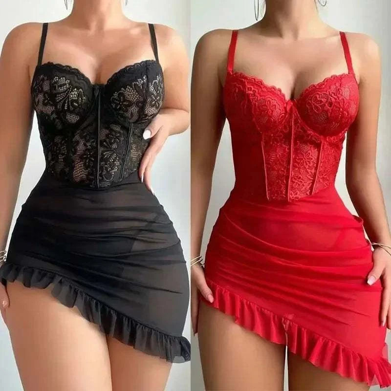 Transparent Underwire Bra Sexy Lace Fairy Lingerie Set Women Exquisite Sexy Lace Pajama Set Delicate See Through Lace Nightdres