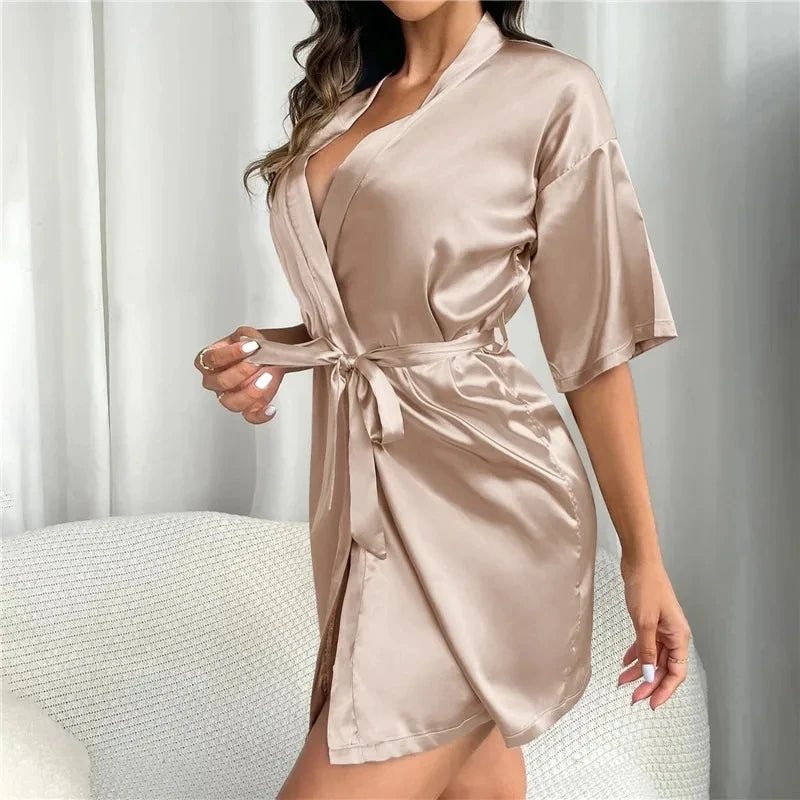 Women Silk Satin Short Night Robe Solid Kimono Robe Fashion Bath Robe Sexy Bathrobe Peignoir Femme Wedding Bride Bridesmaid Robe