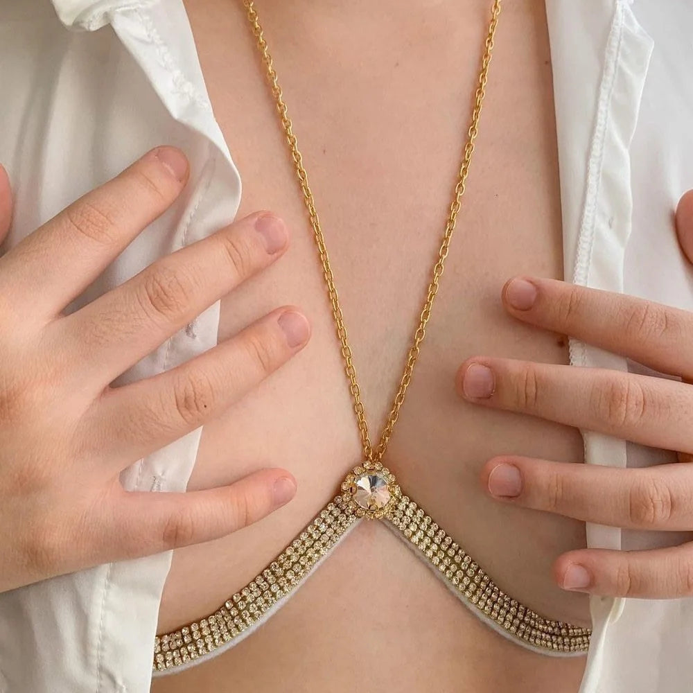 Stonefans Sexy Hanging Bra Chain Rhinestone Body Jewelry for Women Halter Breast Support Bra Jewelry Harness Top Bikini Gift