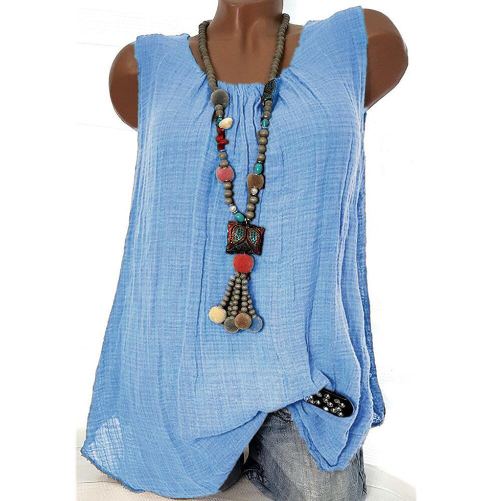 Plus Size Cotton Linen Sleeveless Baggy Tank Top – Casual U-Neck Summer Vest Blouse for Women