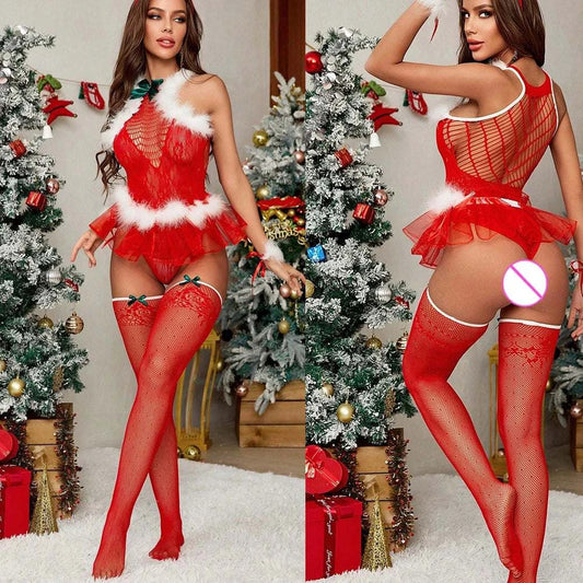 FHSEER Women Christmas Lingerie Set Sexy Santa Outfit Set Cosplay Costume Nightwear Babydoll Lace Mesh Fluffy Furry Lingerie