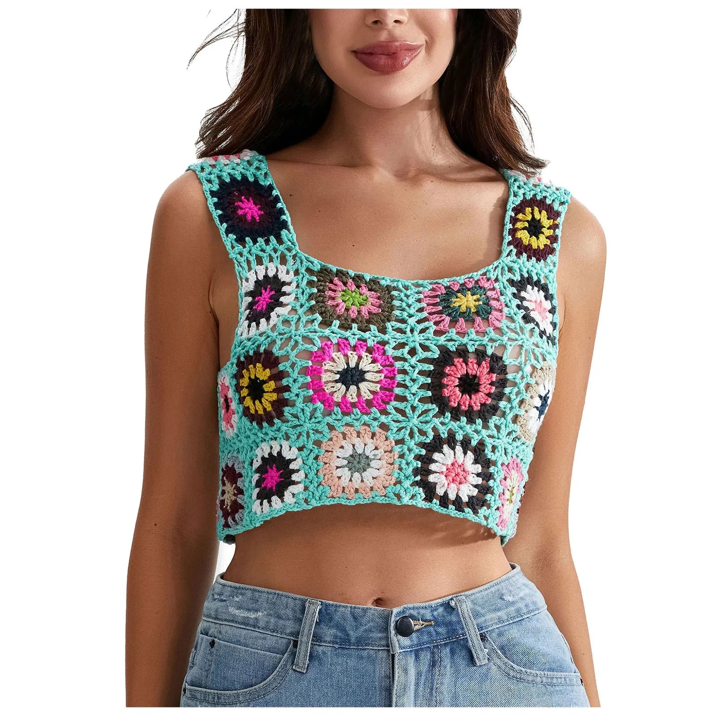 Womens Crochet Tank Top With Tassels Cover Ups Knit Colorful Floral Embroidery Summer Backless Camisole Fashion Casual Bohemian
