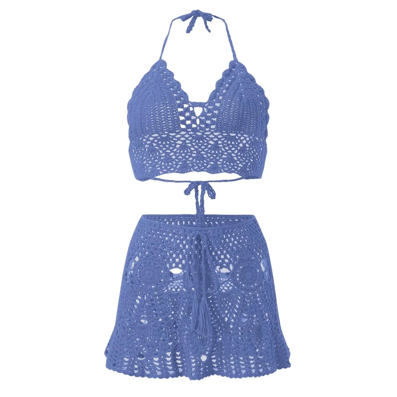 Women Crocheted Hollowed Out Swimsuit Two Piece Suits Summer V Neck Bikini Beach Skirt Solid Swimwear Bathing Suit Swimming Suit