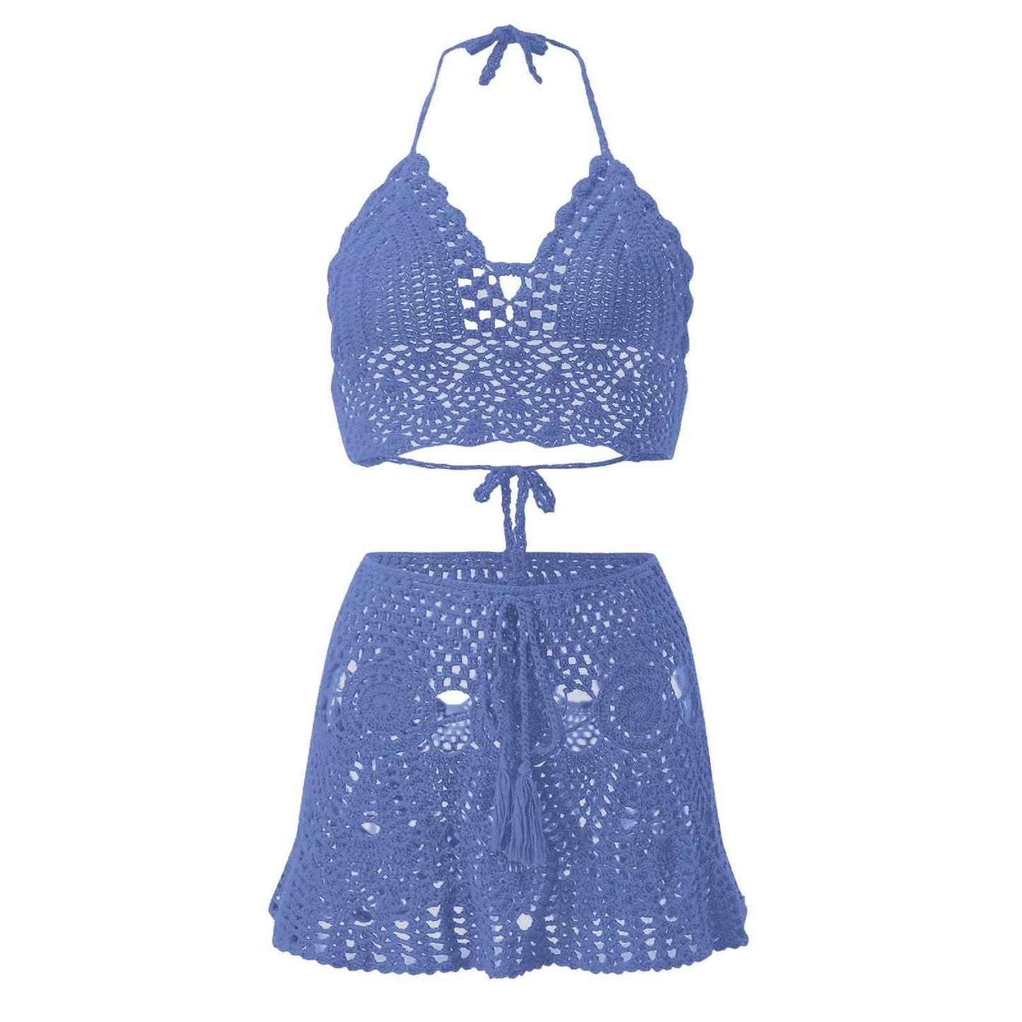 Women Crocheted Hollowed Out Swimsuit Two Piece Suits Summer V Neck Bikini Beach Skirt Solid Swimwear Bathing Suit Swimming Suit