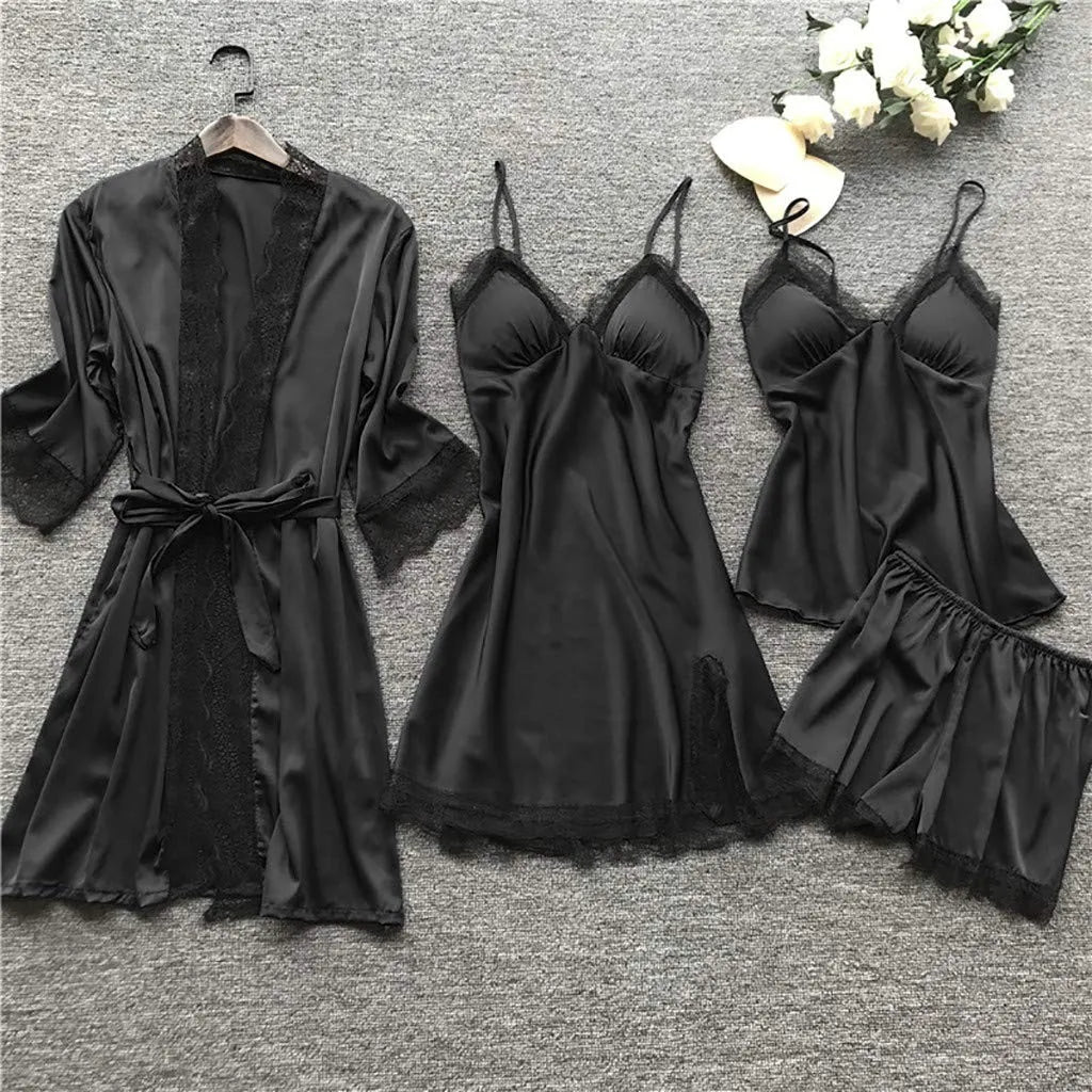 Women’s 4-Piece Satin & Lace Nightwear Set – Camisole, Shorts, Nightdress & Robe