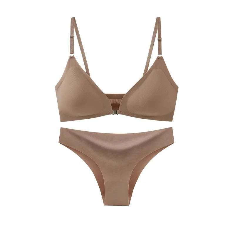 Ice Silk Underwear Set Solid Color Seamless Bra Wireless Front Buckle Push Up Bra Comfortable Panties Sexy Underwear Set