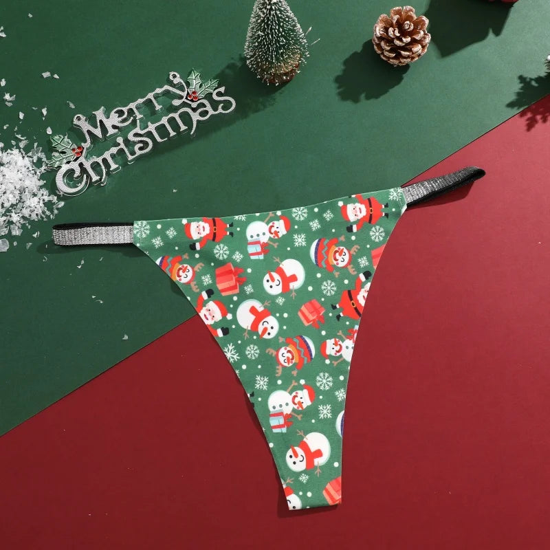 New 4Pcs Christmas Print Underwear Breathable Shiny Belt Thong Women Skin-friendly Fashionable Casual Christmas Gifts