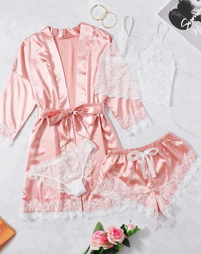 4PCS Women Pajama Suit Fashion V-Neck Stretch Silk Satin Robe Lace Sexy Lingerie Bathrobe Bowknot Pyjamas Shorts Set Sleepwear