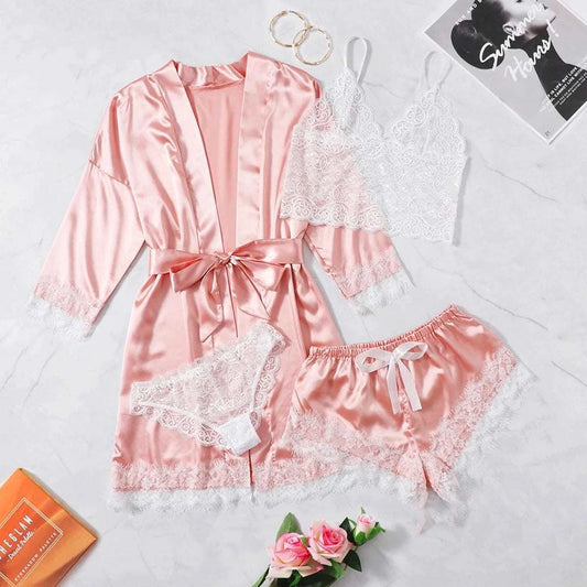 4PCS Women Pajama Suit Fashion V-Neck Stretch Silk Satin Robe Lace Sexy Lingerie Bathrobe Bowknot Pyjamas Shorts Set Sleepwear