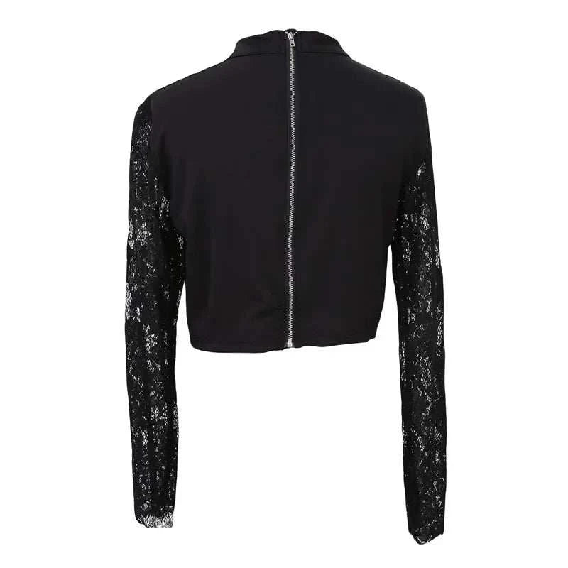 Sexy Lace Patchwork Tops For Women Long Sleeve Push Up See-through Crop Tops Ladies Summer Spring Low-cut Slim Blouses