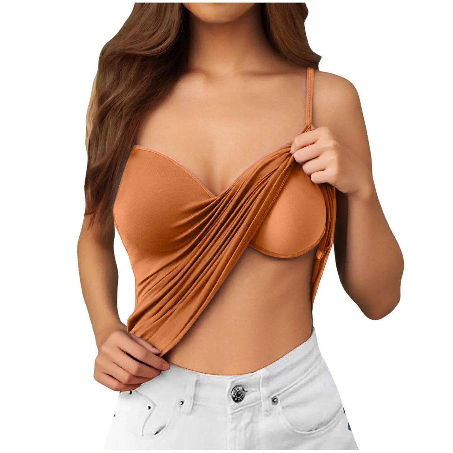 Plus Size Lace Camisole Top with Built-In Bra – Casual Solid Color Spaghetti Strap V-Neck Tank for Women