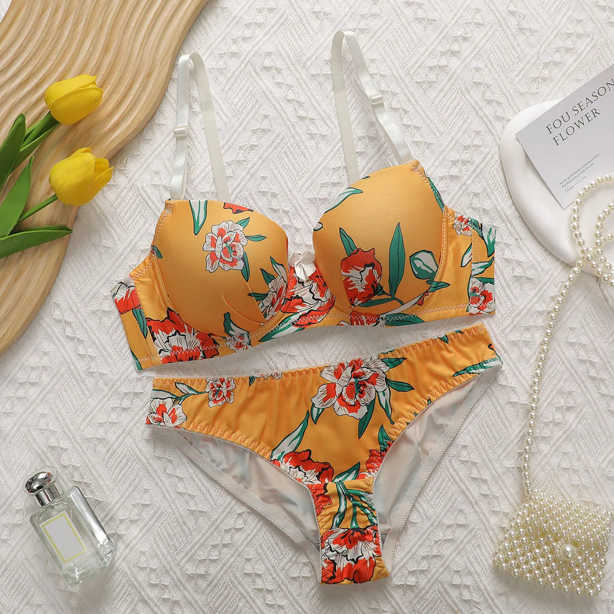 High-Quality Multi-Color Printed Push-Up Bra & Panty Set – Women’s Lingerie Beach Party Bikini