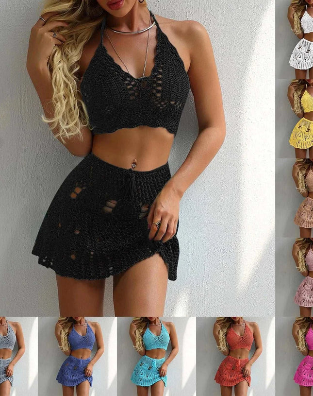 Women Crocheted Hollowed Out Swimsuit Two Piece Suits Summer V Neck Bikini Beach Skirt Solid Swimwear Bathing Suit Swimming Suit