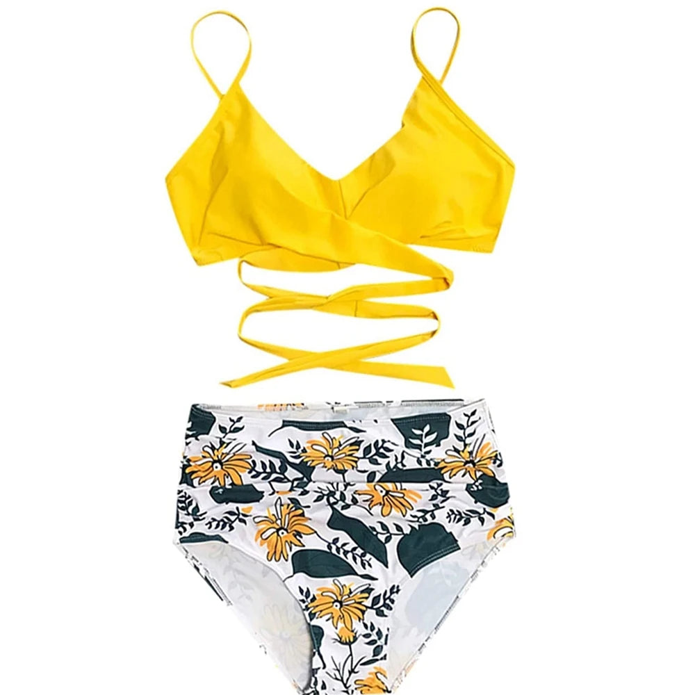 Hot 12 Colors Women Slim Bikini Sets High Waisted Sexy Swimwear 2 Pieces 2025 Solid/Floral Ruched Brazilian Swimsuit Cross Front
