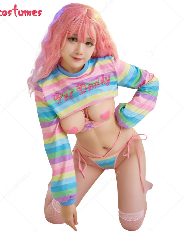 Women Sexy Cosplay Lingerie Rainbow Stripe Long Sleeve Short Tops and Panty with Stockings Sleepwear Sexy Costumes