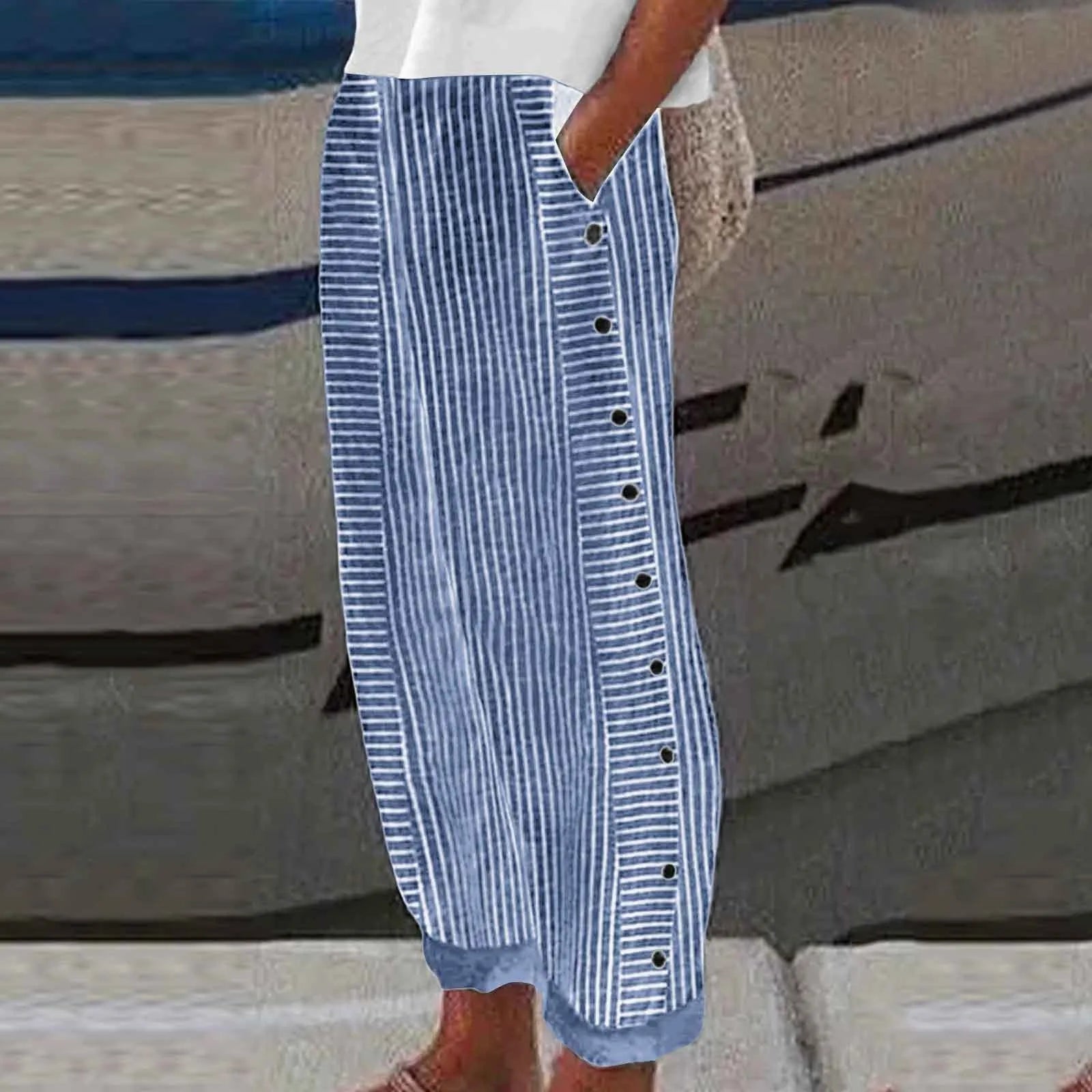 Long Linen Pants Women Women Summer Fashion Striped Print Button Casual Versatile Loose High Waist Yoga Dress Pants For Women