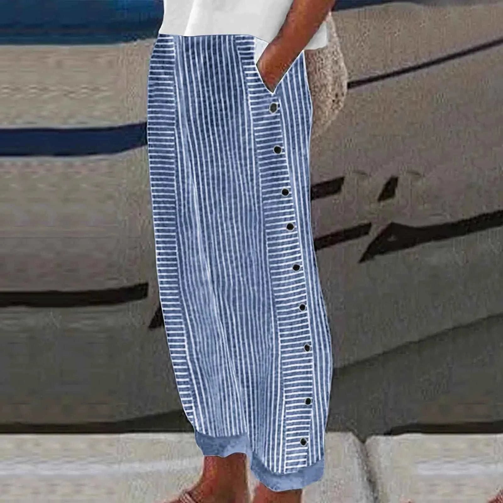 Long Linen Pants Women Women Summer Fashion Striped Print Button Casual Versatile Loose High Waist Yoga Dress Pants For Women