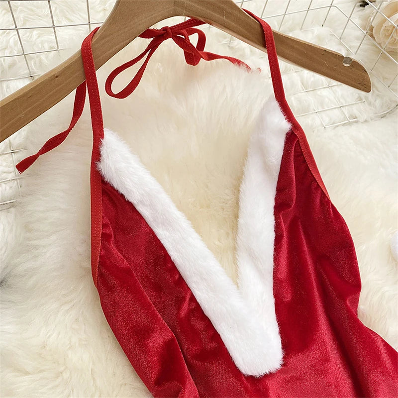 Women's Sexy Christmas Erotic Lingerie Set Furry Erotic Lingerie Set Bodysuit  Hat Sexy Underpants Velvet One-piece Bra Set