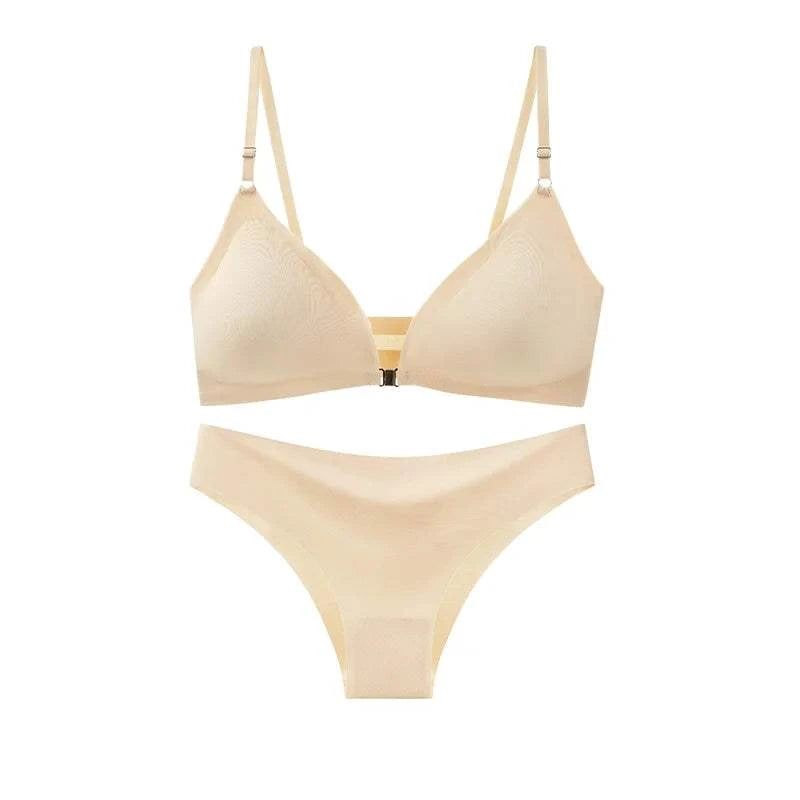 Ice Silk Underwear Set Solid Color Seamless Bra Wireless Front Buckle Push Up Bra Comfortable Panties Sexy Underwear Set