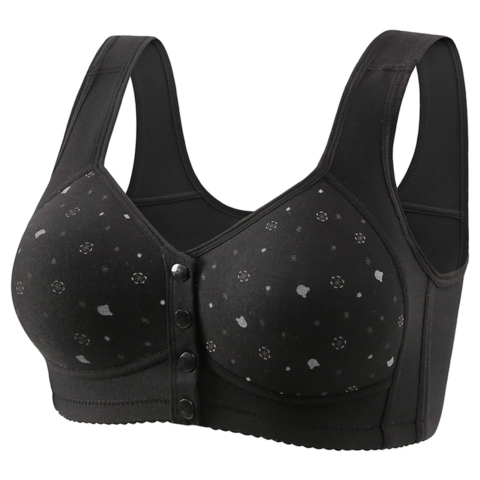 Front Button Retro Printed Bra Without Steel Ring Wide Shoulder Strap Middle-Aged Elderly Underwear Plus Size Women'S Vest Bras