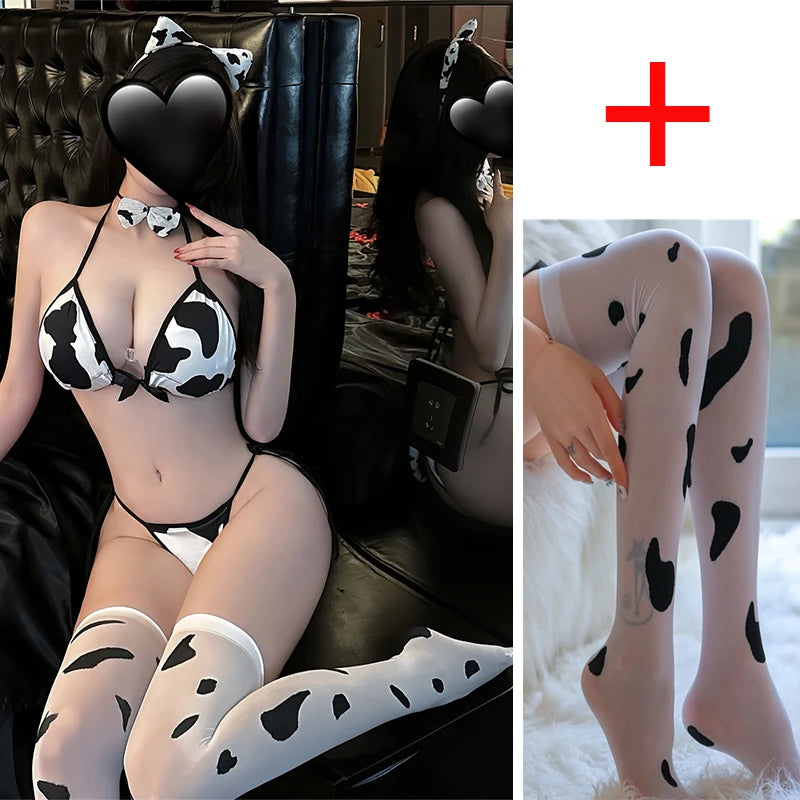 Cow-Print Mesh Cosplay Strap Bra & Bikini Set – Sexy Temptation Lingerie Uniform