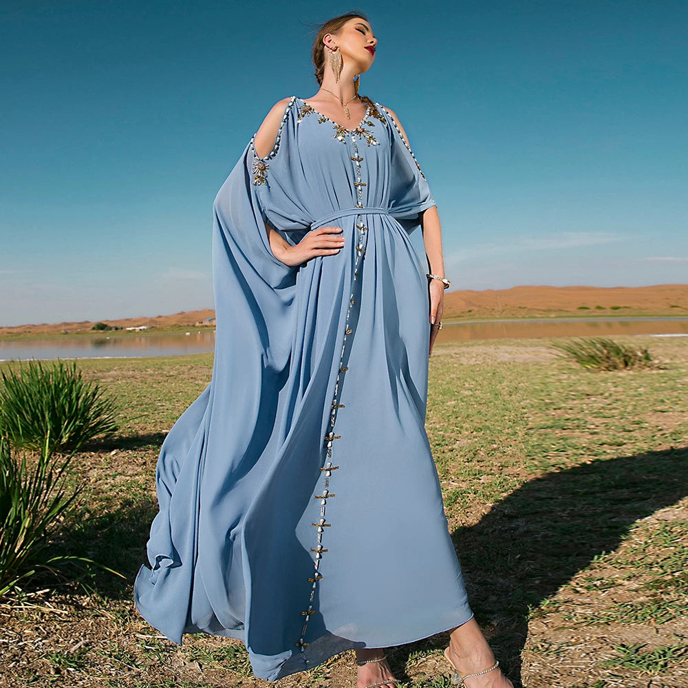 Diamond-Embellished Cold-Shoulder V-Neck Summer Kaftan Abaya – Luxury Evening Party & Eid Gown