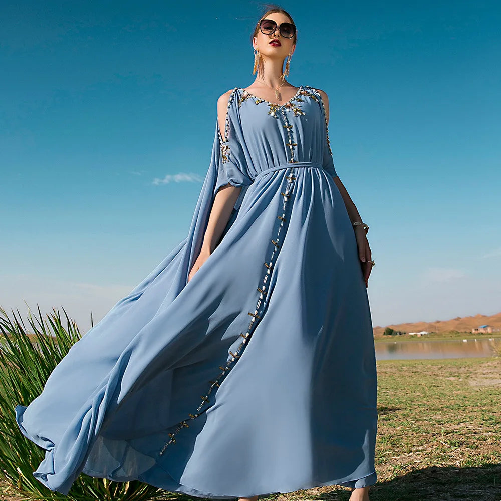 Diamond-Embellished Cold-Shoulder V-Neck Summer Kaftan Abaya – Luxury Evening Party & Eid Gown