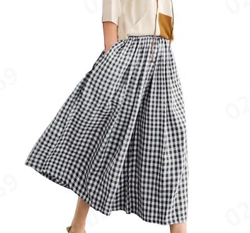 2024 Summer New Culotte Pants High Waist Pleated Slanted Pocket A-Shaped Wide Leg Covering Span Checkered Printing Trousers