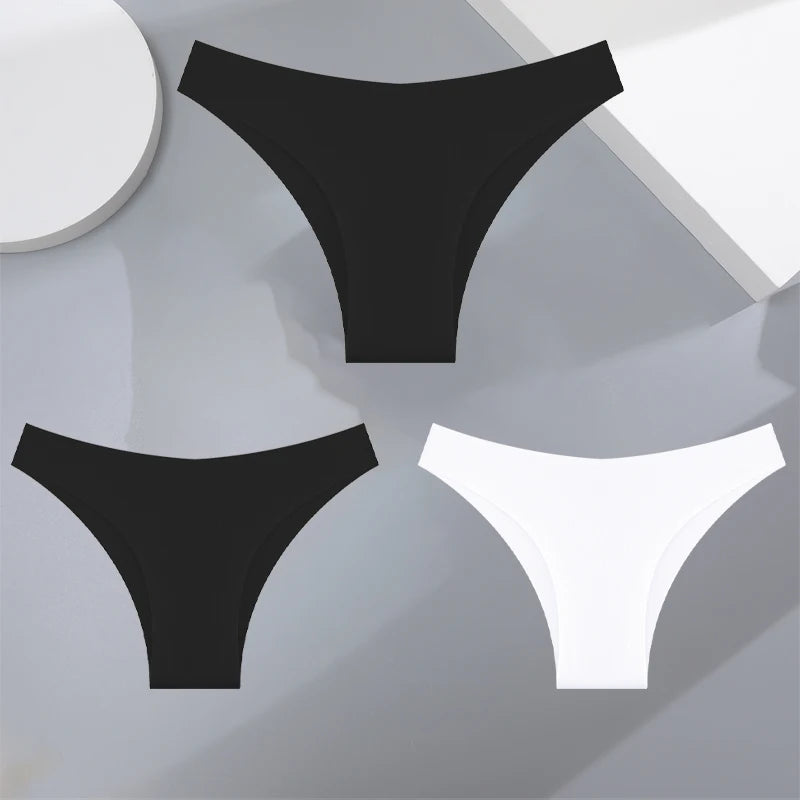 FINETOO 3Pcs Ultra-thin Seamless Silk Underwear Women's Panties Sexy Low-Waist Stretch Bikini Solid Color Briefs Lingerie XS-XXL