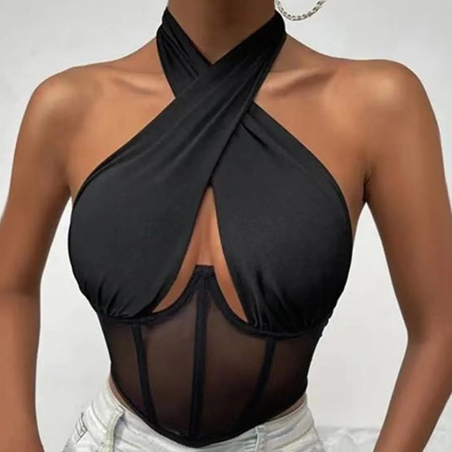 Sexy Cotton Stretch Tops For Women Cross Halter Sleeveless Blouses Fashion Sleeveless Hollow Out Top Irregular Neckline Tank Top