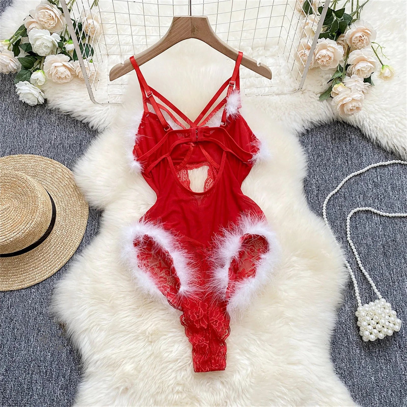 Women's Sexy Christmas Erotic Lingerie Furry With Steel Ring Lace Bodysuit Negligee Lingerie Секси Комплект Женского Белья