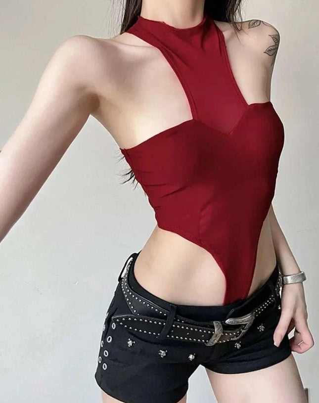 Solid Red Mesh Corset Bodysuit