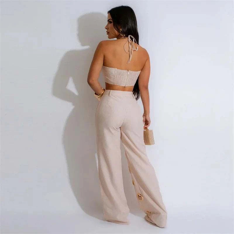 Sexy Night Party 2 Piece Sets Women Outfit Clubwear Festival Clothing Halter Crop Top and Pants Conjuntos Femininos Elegantes