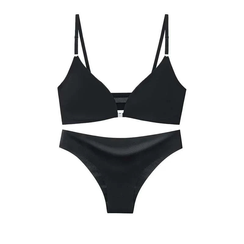 Ice Silk Underwear Set Solid Color Seamless Bra Wireless Front Buckle Push Up Bra Comfortable Panties Sexy Underwear Set