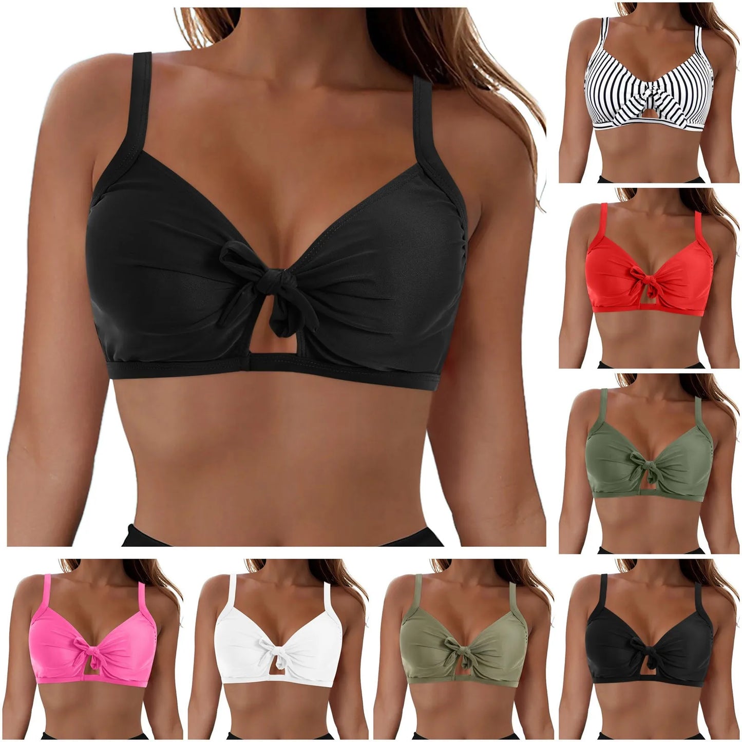 Women Swimwear Wrapped Knot Solid Color Push Up Gathering Sexy Bikini Tops Full Coverage Backless Tankini Tank Tops Beachwear
