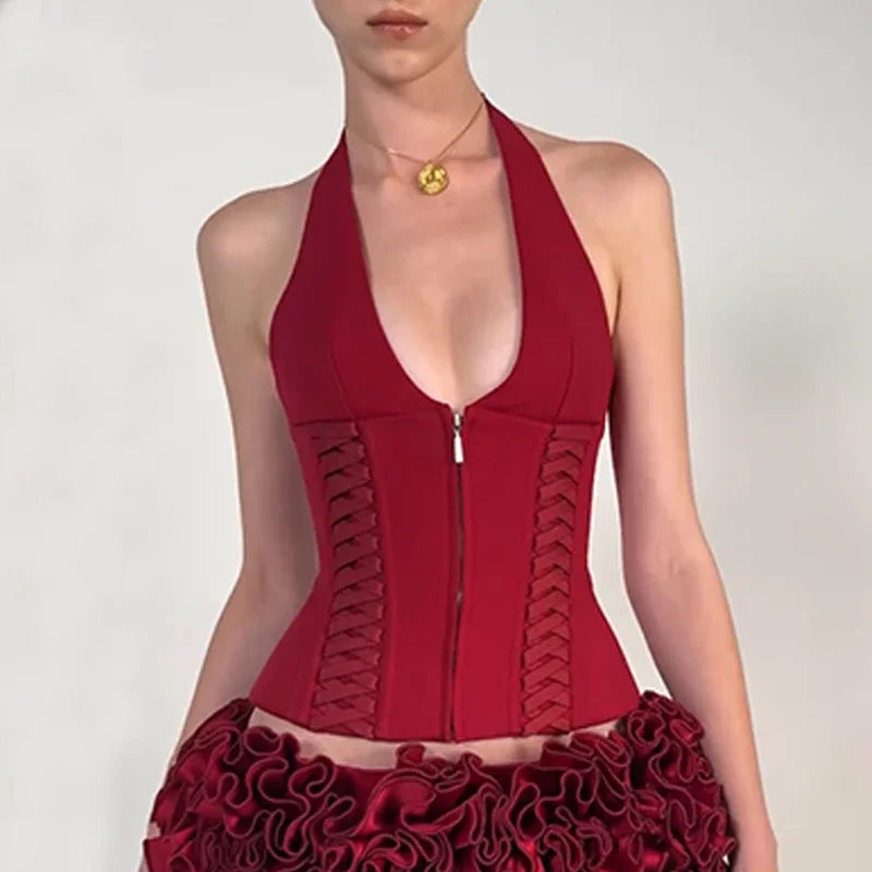 Fashion Cross Tie Zipper Slim Women's Vest Sexy Off Shoulder Backless Sleeveless Halter Top Casual Summer Street Camis