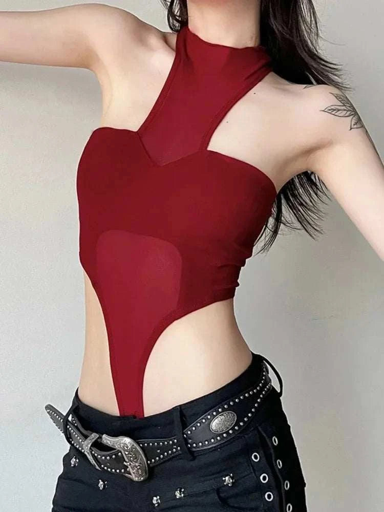 Solid Red Mesh Corset Bodysuit