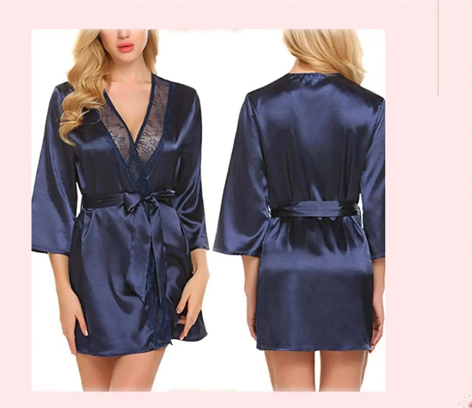 Women's Sexy Satin Solid Color Robe Lace Trim Kimono Nightgown Deep V Neck Lingerie Pajamas Bathrobe Sexy Sleepwear of Women ﻿