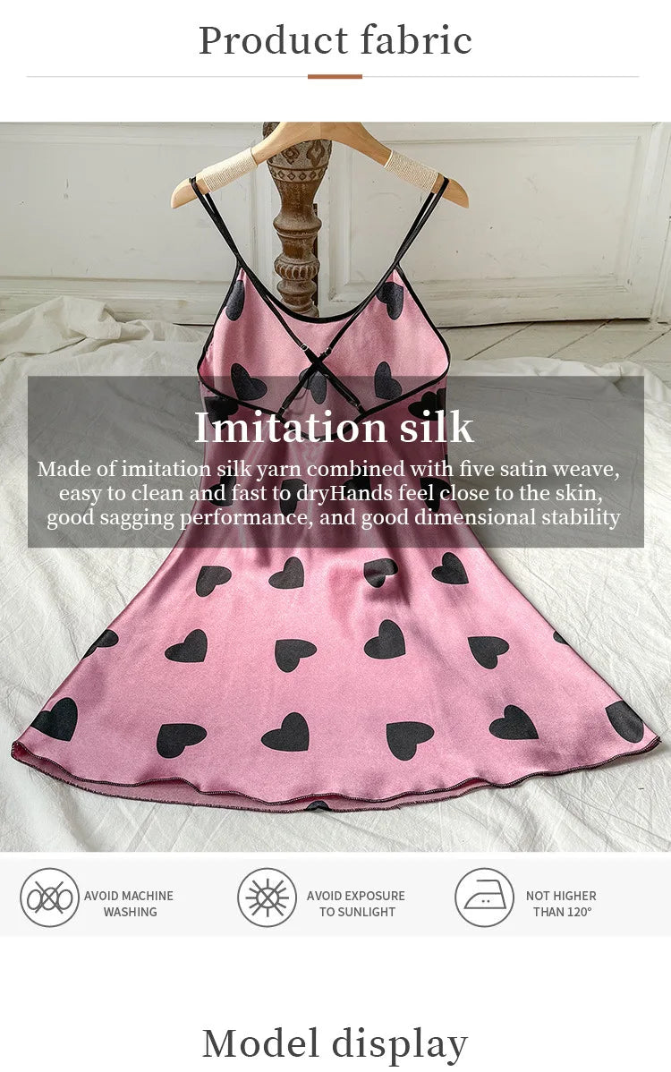 Heart Print Slip Nightdress Casual Crew Neck Criss Cross Back Sleepwear Women's Dresses