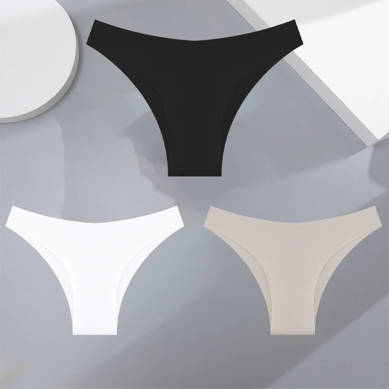 FINETOO 3Pcs Ultra-thin Seamless Silk Underwear Women's Panties Sexy Low-Waist Stretch Bikini Solid Color Briefs Lingerie XS-XXL