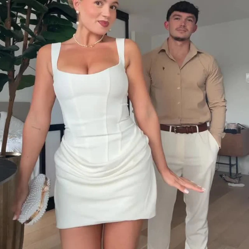 Women Square-neck Halter Mini Dress Sexy Pleated Sleeveless Backless High Waist Bodycon Dresses 2025 New Summer Lady Party Robes